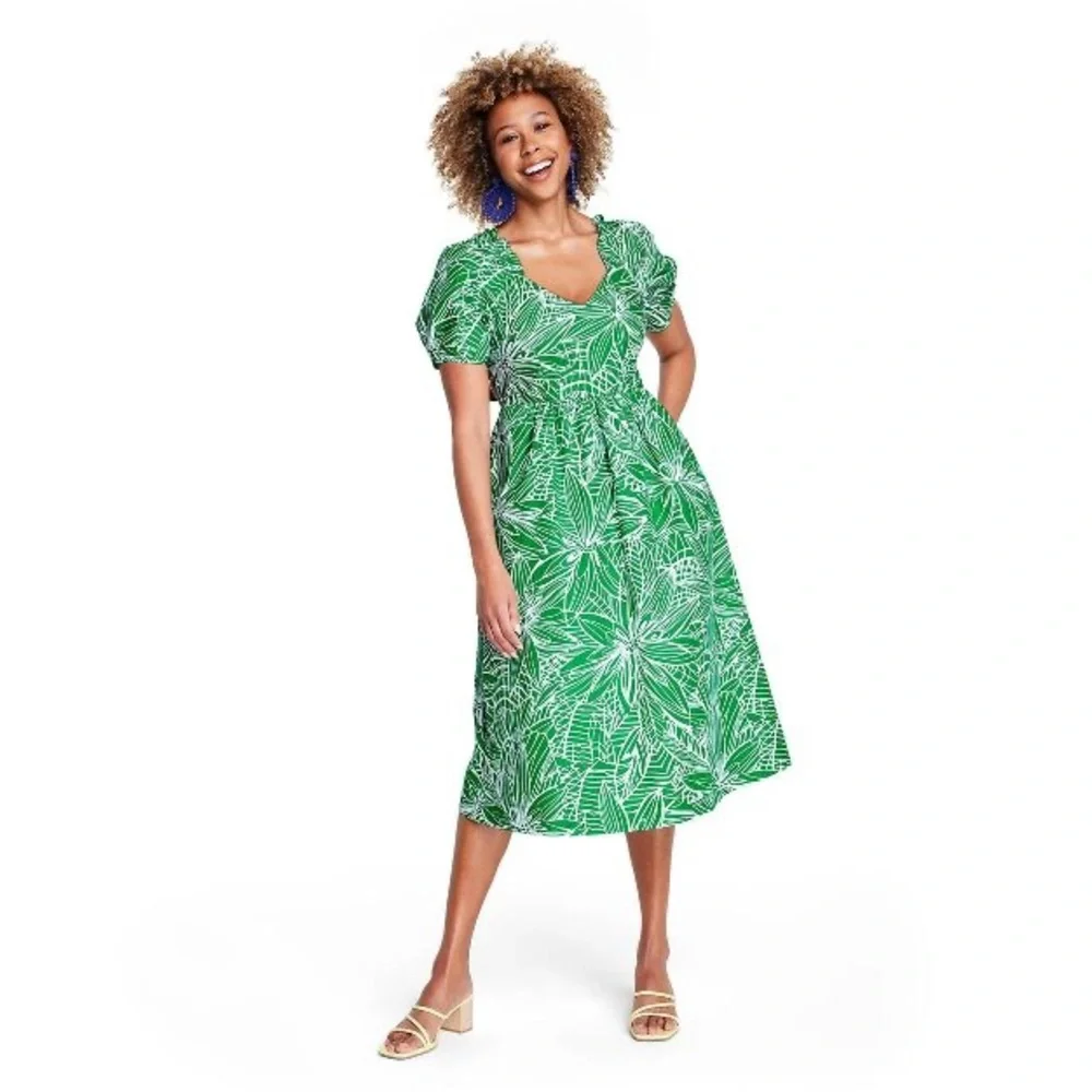 🌿 NWT! Floral Print Puff Sleeve Tie-Back Dress - Tabitha Brown for Target Green - Picture 1 of 10